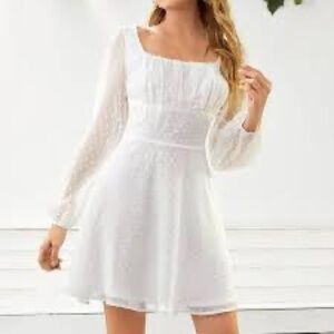 LYANER White Ruffled Sundress with Square Neck and Bishop Sleeves